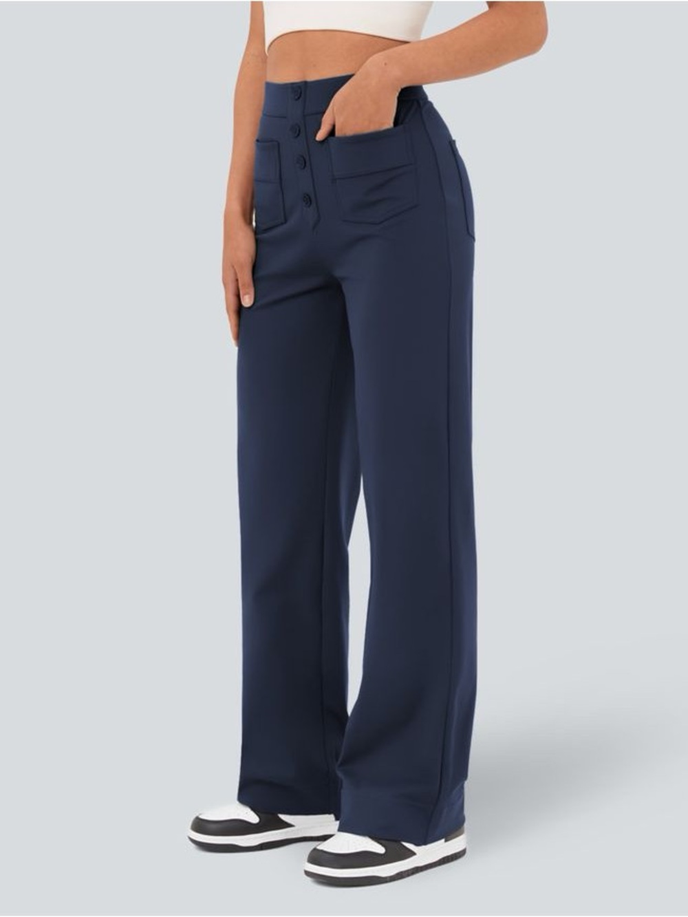 HALARA Navy High-Waist Wide-Leg Pants with Front Patch Pockets - Picture 3 of 6